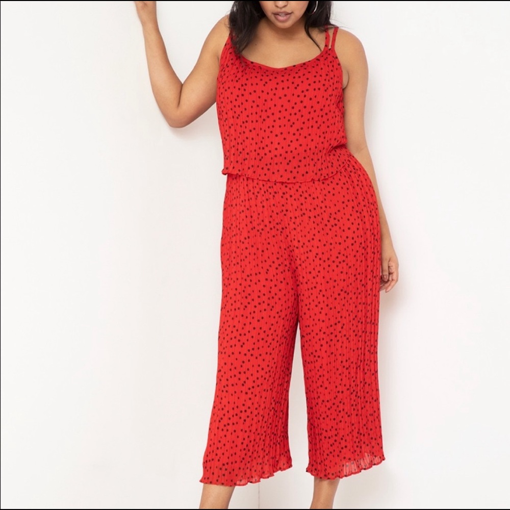 Eloquii Red Black Polka Dot Pleated Crop Jumpsuit NWT